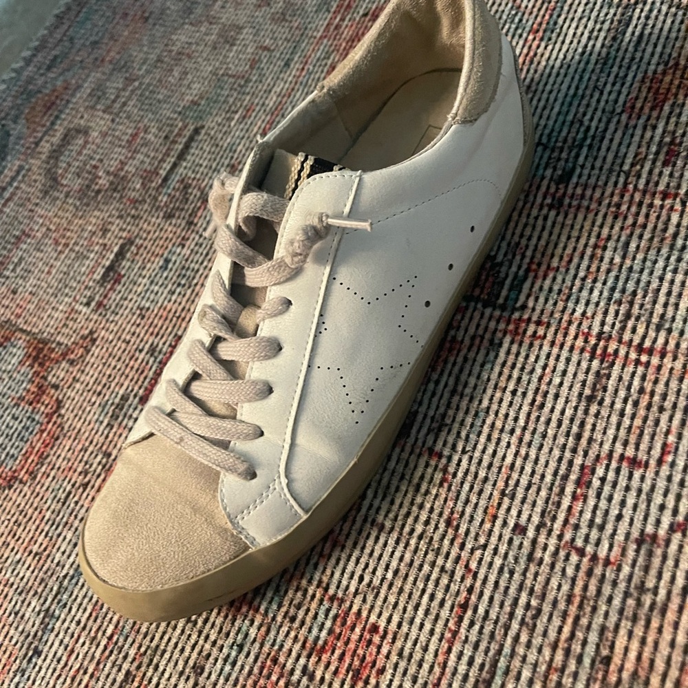ShuShop Tan and White Classic Sneakers with Suede Finish